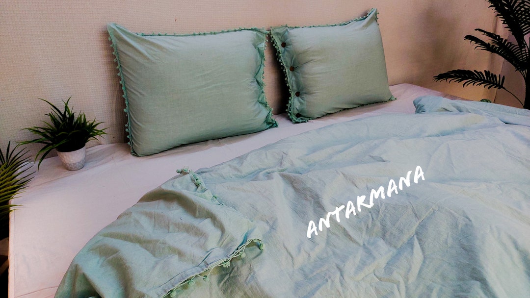 Linen 100 Pure Sage Green Pom Pom Duvet Cover/ Bedding/bedspread Set