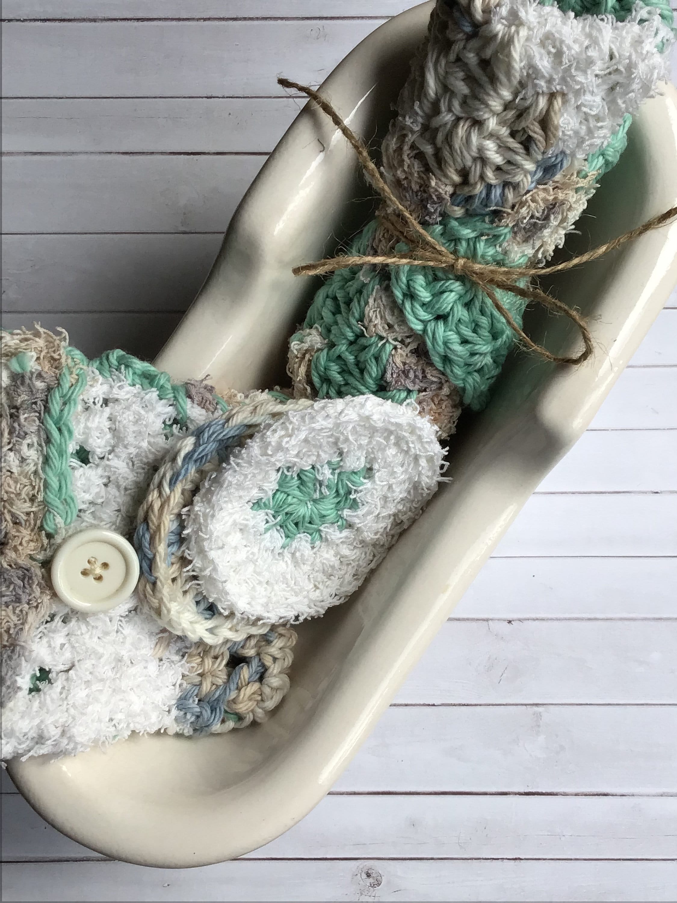 Crochet Cotton Spa Set: Exfoliating Washcloth, Soap Saver, Facial Scrubbies