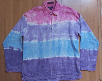 Vintage Gant Oversized Cold Dye Four Color Block Tunic Linen Shirt Tie Dye Blouse Made in Portugal 1990s Size L