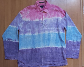 Vintage Gant Oversized Cold Dye Four Color Block Tunic Linen Shirt Tie Dye Blouse Made in Portugal 1990s Size L