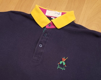 Vintage 1990s Pringle of Scotland Nick Faldo Cotton Polo Shirt Navy Blue Yellow Collared Golf T-Shirt Preppy Top Size M