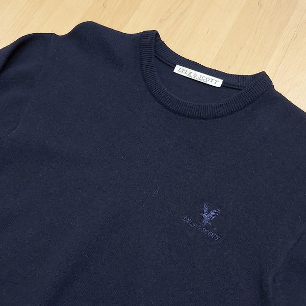Vintage Lyle & Scott Sweater Navy Blue Pure New Wool Crewneck Jumper Embroidered Logo Knitted Preppy Pullover 1990s Made in Scotland Size S