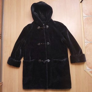 Vintage 1980s Helene Couture Women&#39;s Faux Fur Parka Jacket Black Vegan Fur Peacoat Fluffy Teddy Designer Overcoat Made in Belgium Size 40
