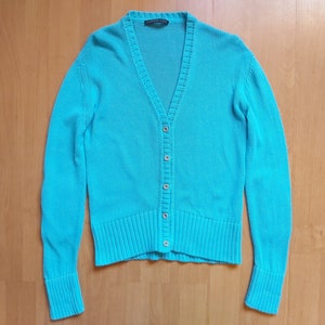 Vintage Valentino Jeans Knitted V-Neck Cotton Cardigan Sweater Turquoise Blue Preppy Button Up Jumper 1990s Made in Italy Fits Size S/M
