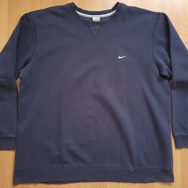 Vintage Y2K Nike Baby Swoosh Sweatshirt Navy Blue Crewneck Sweater Small Embroidered Swoosh Logo Jumper Early 2000s Pullover Size XXL