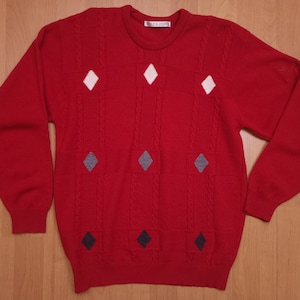 Vintage Lyle & Scott Woolmark Cable Knitted Argyle Pullover Jumper Golf Red Preppy Pure New Wool Crewneck Sweater 1990s Made in Scotland