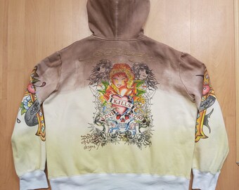 Vintage Don Ed Hardy Love Kills Slowly Bluza Zip Up Bluza z kapturem Tatuaż Sweter Christian Audigier Sweter 1990s Made in USA Rozmiar XL