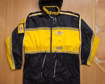 Vintage Jako x Pedigree veste à capuche zippée noir jaune léger doublé coupe-vent nourriture pour chiens parka color block veste des années 1990 taille L
