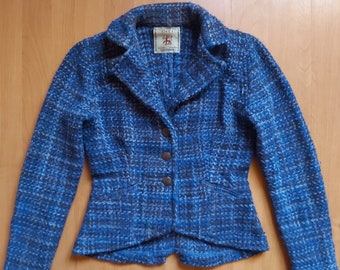 Vintage Y2K INTI gebreide merino wollen jas Boho geometrische marineblauwe tweed jas handgemaakte etnische patchwork blazer 1990s gemaakt in Ecuador