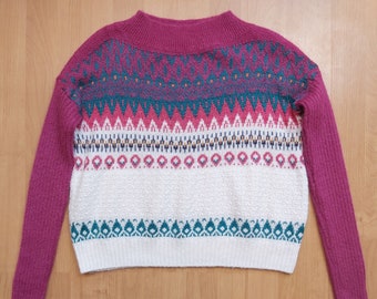 Vintage Y2K United Colors of Benetton Geometric Sweater Colofrul Pink White Abstract Knitted Pullover Jumper Made in Italy Boxy Size XS/S