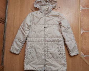 Vintage Nike Women's Baby Swoosh Parka Jacket Beige Double Zip Up Insulated Winter Jacket Embroidered Swoosh Logo Hooded Coat 1990s Size L