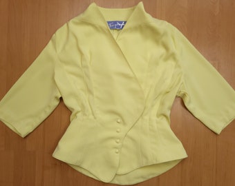 Vintage 1980s Thierry Mugler Cropped Blazer Jacket Minimalist Luxury Designer Jacket Wasp Waist Yellow Peplum Top Made in France Size 42