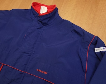 Vintage 1980s Adidas AdiTex Spell Out Logo Nylon Track Top Navy Blue Red Tracksuit Trefoil Training Raincoat Jacket Made In Yugoslavia XL