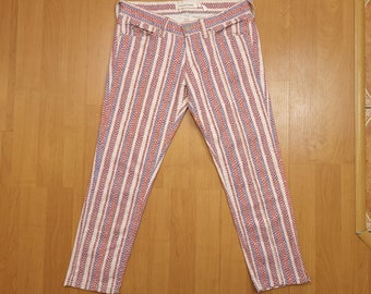 Vintage Y2K Isabel Marant Etoile All Over Print Striped Jeasns Geometric Cream Red Blue Boho Pants Designer Straight Leg Trousers 2000s s38