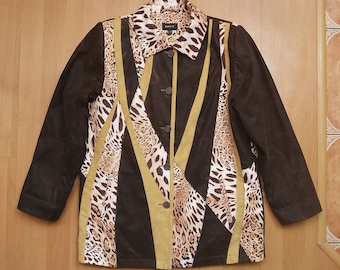 Vintage Dinoz Suede Leopard Print Patchwork Jacket Boho Geometric Animal Pattern Color Block Velvet Coat Brown Lined Parka 1990s Size 42