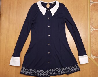 Genuine 2019 Wednesday Addams Dress Costume Navy Blue Preppy Skater Dress White Peter Pan Collar Fit And Flare Longsleeve Dress Size XL