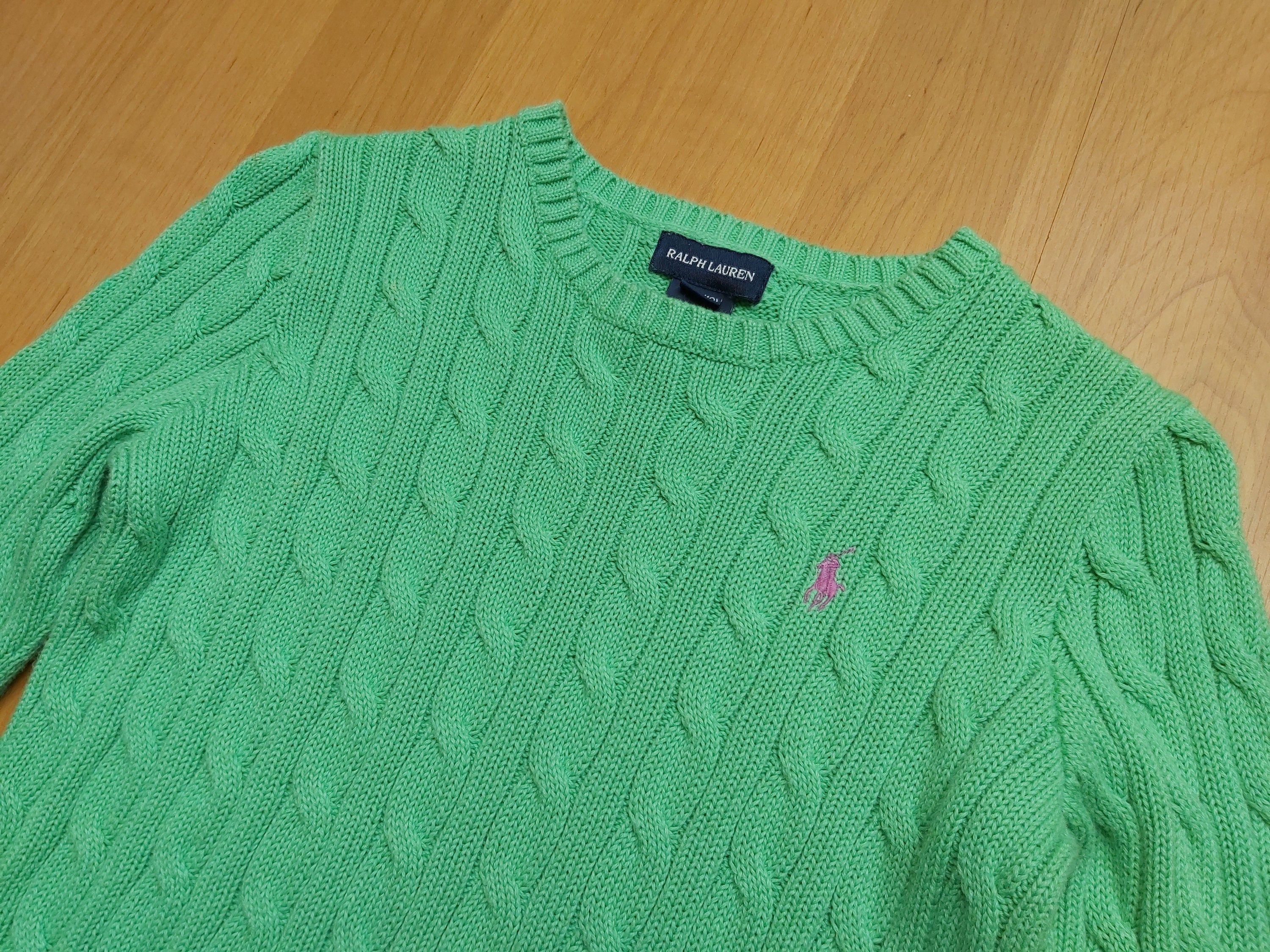Vintage Polo Ralph Lauren Women's Cable Knit Sweater Green Cotton Crewneck  Jumper Small Pony Logo Knitted Preppy Pullover 1990s Fits Size XS 