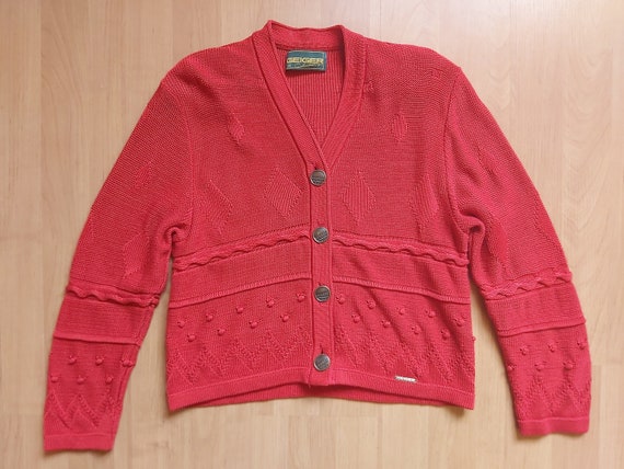 Vintage Geiger Tyrol Red Cardigan Sweater Cotton Button Up 3D Cable Waffle Knit Jumper Trachten Jacket 1990s Size 36 Made in Austria