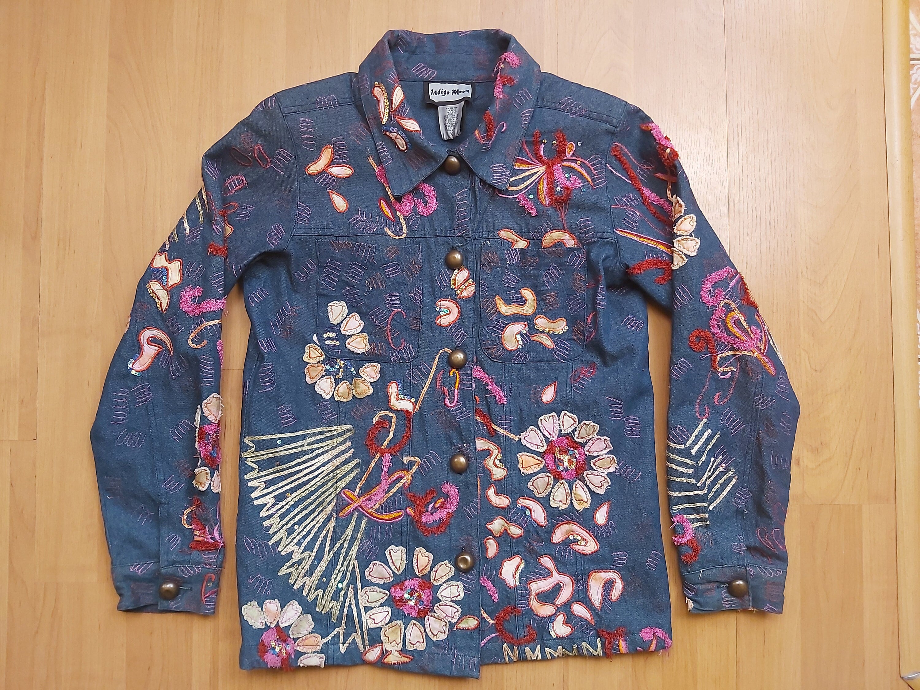 Vintage Indigo Moon Floral Embroidery Denim Jacket Boho Flower