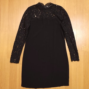 Vintage Y2K Sandro Paris Longsleeve Evening Dress Minimalist Black Lace Mesh Rayon Dress Crew Neck Straight See Through A-Line Dress 2000s