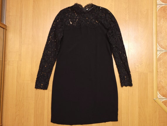 Sandro, Vintage Y2K Sandro Paris Longsleeve Evening Dress Minimalist Black Lace Mesh Rayon Dress Crew Neck Straight See Through A-Line Dress 2000s