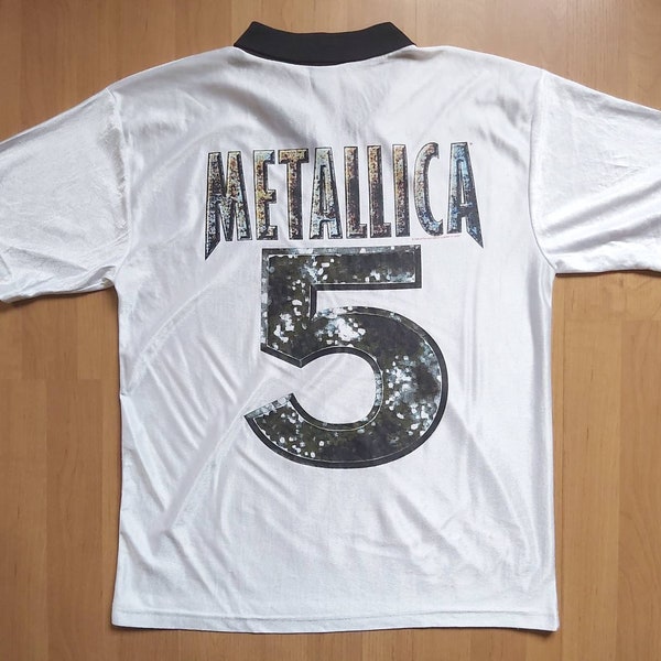 Vintage 1996 Metallica Giant Merchandising Football T-Shirt Soccer Jersey Double Sided Print 1990s Rock Tour Promo Shirt Size L fits L/XL