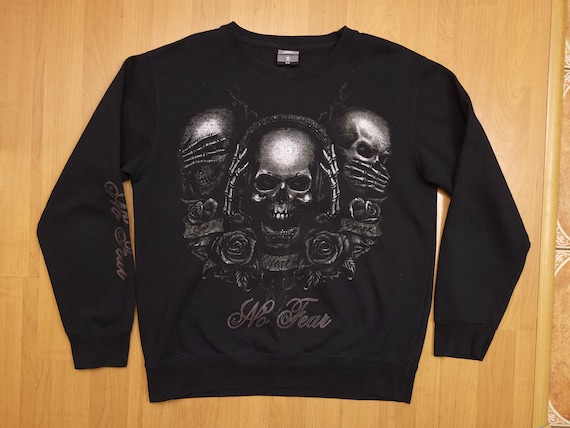 Vintage Y2K No Fear Skull Print Crewneck Sweatshirt Black Skateboarding Sweater Rocker Rave Jumper 2000s Spell Out Logo Pullover Size XL Etsy