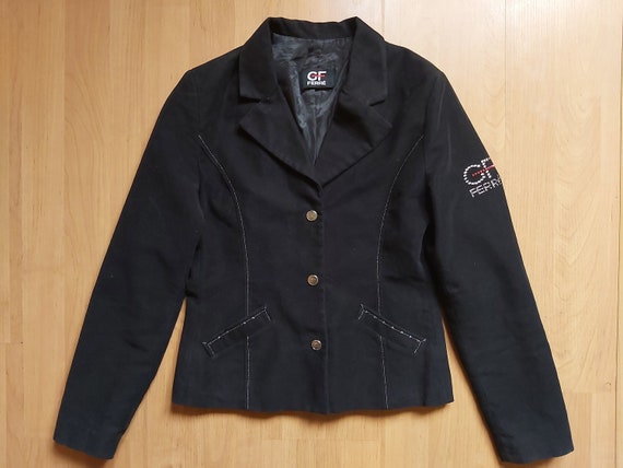 Gianfranco Ferré, Vintage 1990s Gianfranco Ferre Black Velvet Blazer Jacket Luxury Italian Designer Spell Out Logo Crystal Embellished Jacket Made In Italy