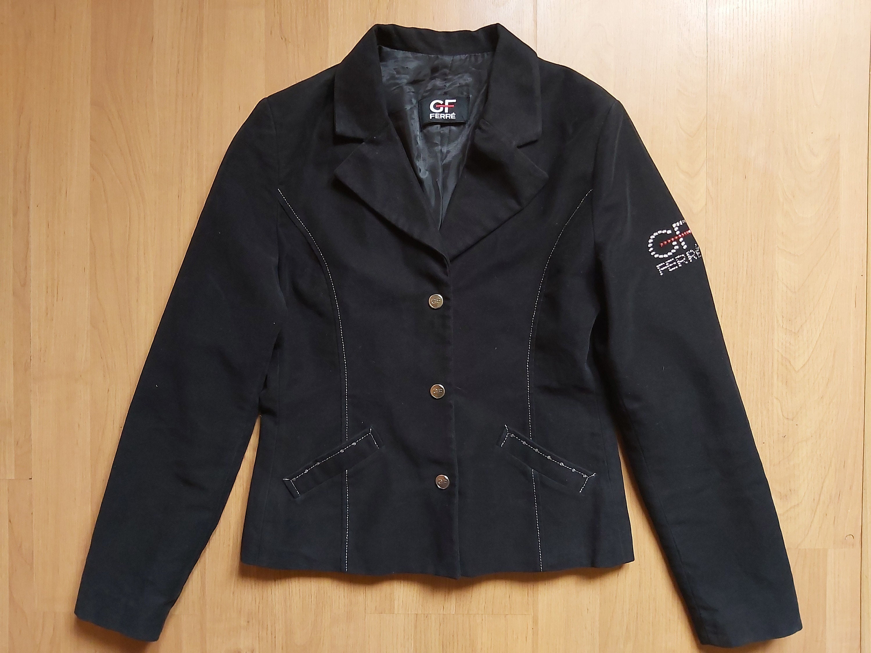 Gianfranco Ferré, Vintage 1990s Gianfranco Ferre Black Velvet Blazer Jacket Luxury Italian Designer Spell Out Logo Crystal Embellished Jacket Made In Italy