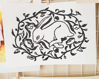 Handmade Rabbit/Hare Linoprint