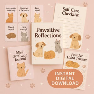 Kit de Autocuidado Pawsitive – Cartões de Afirmação com Tema de Animais de Estimação para Imprimir, Diário de Gratidão, Lista de Verificação de Autocuidado e Rastreador de Hábitos | Saúde Mental