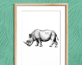 Nashorn Digitaldruck, Animal Printable, African Animal Print, Nashorn Zeichnung