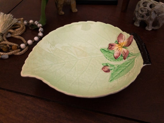 Rare Carlton Ware Majolica Style Green Leaf Candy… - image 6