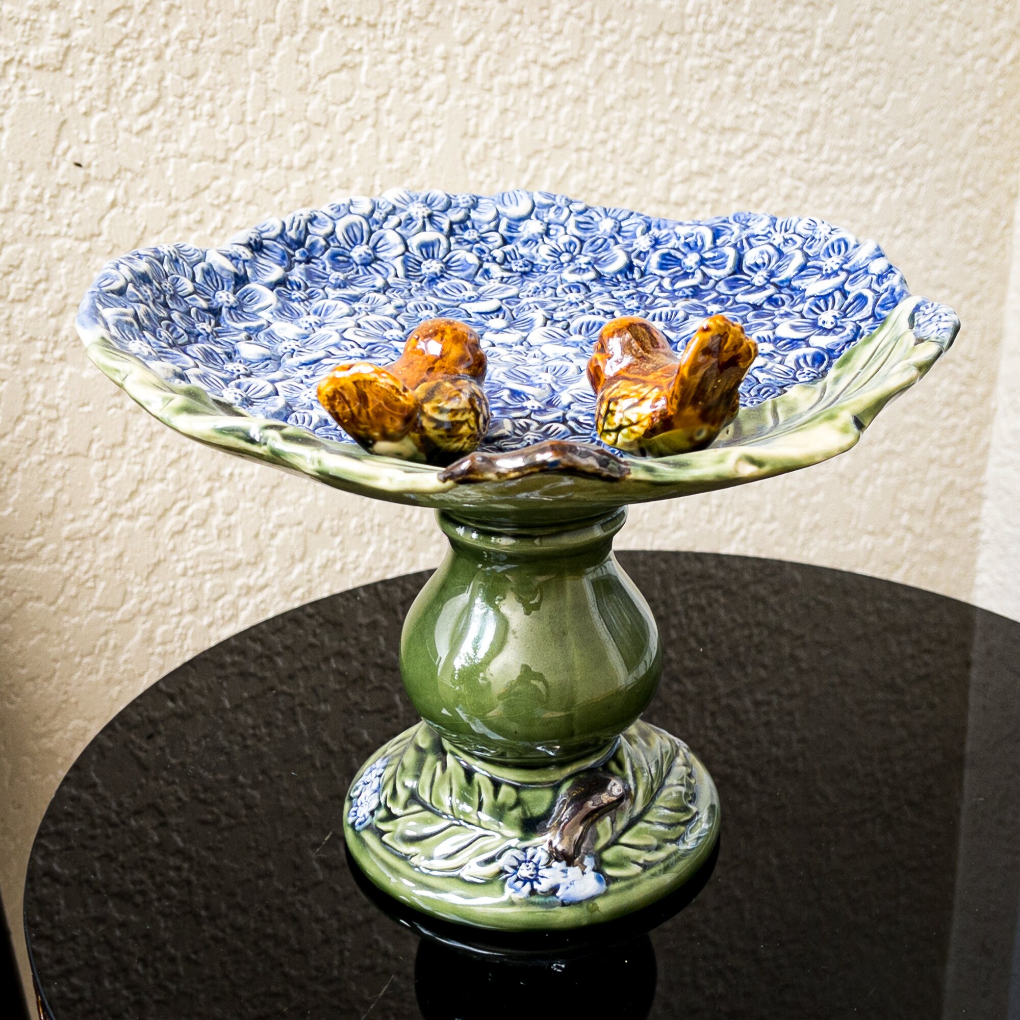 Vintage Majolica Style Bird Bath Pedestal Serving Dish / Centerpiece