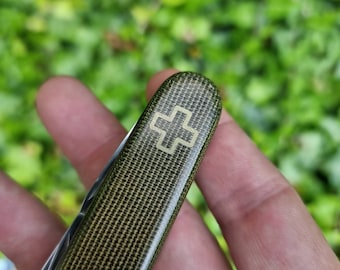 Micarta Scales (Handles) custom replacement handles Suitable for 91mm Victorinox. OD Green with Brass Effect Cross