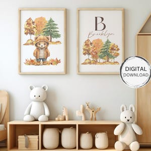 Personalized Woodland Animal Nursery Wall Art Set, Custom Name Initial Print, 10 Adorable Animals to Choose From, Digital Download 230
