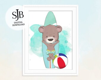 Bär auf Surfbrett Baby Tier Poster, Kinderzimmer Wand dekor, Kinderzimmer Druck, druckbare Wandkunst, Kleinkind Wandkunst, Kinderzimmer 180