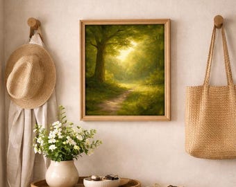 Forest Path Wall Art Print, Sunlit Woodland Landscape, Green Nature Artwork, Cottagecore Home Decor, Calming Wall Art 294