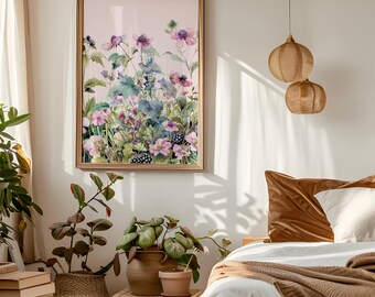 Lámina infantil con estampado de flores silvestres en tonos rosa pálido / Arte mural botánico floral (descarga digital)