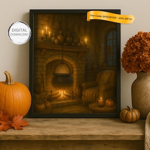 Witch’s Hearth & Cauldron | Cozy Fall Cottagecore Kitchen Art | Halloween Fireplace Print | Raindrop Hollow Download 324RH