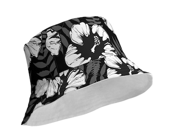 White / Black Tropical Hibiscus Flower Pattern Reversible bucket hat, Bucket hat for Women, Bucket hat for Men