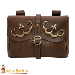 15th Century Brown Pouch with Antique Brass Fleur de Lys Mounts