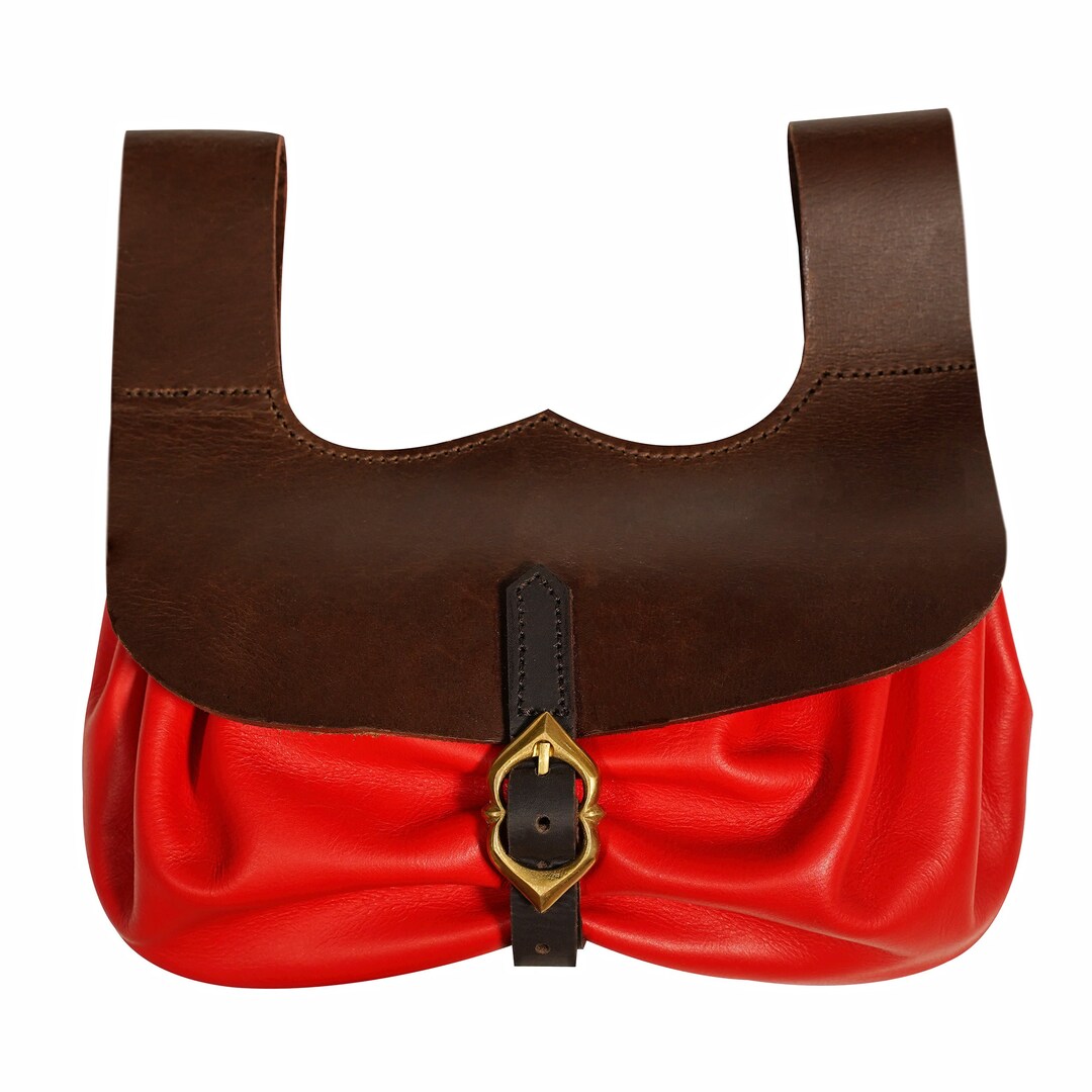 Red Leather Medieval Belt Pouch With Brass Buckle Etsy