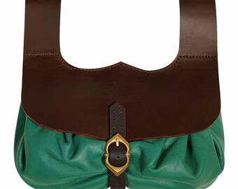 Green Leather Medieval Belt Pouch with Brass Buckle for re-enacting and LARP