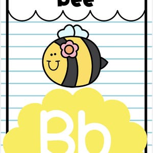 Könnte beinhalten: Eine rechteckige Lernkarte mit einer gezeichneten Biene mit gelben und schwarzen Streifen, einer kleinen rosa Blume und hellblauen Flügeln. Das Wort bee steht oben und ein großes weißes Bb in Groß- und Kleinschreibung ist auf einer gelben Wolke.