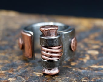 8 US size, Industrial steampunk men's or women's ring, Brutalist stainless steel and copper ring, Unique hand forged artisan ring