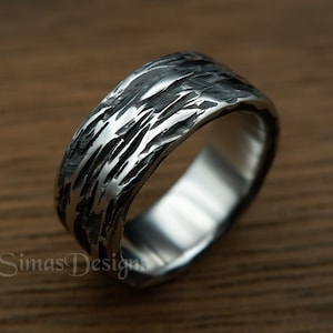 Unique Textured Stainless Steel Ring Band, Wide Solid Hand Forged Hammered Ring, Rustic Men's or Women's Ring, Minimalist style jewelry