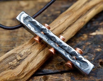 Melted stainless steel and copper pendant, Rectangular hand forged pendant, Unique industrial modern necklace, Handmade sculptural jewelry