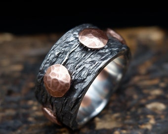 Wide Hand-Forged Stainless Steel Ring with Copper Rivets – Hammered Brutalist Men's Band, Massive Medieval Style Statement Ring