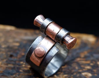 Industrial Steampunk Men's Women's Ring, Brutalist Stainless Steel And Copper Ring, Unique Hand Forged Artisan Ring